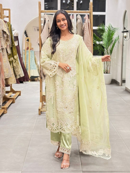 Rivana Green Straight Suit Set with Cutwork and Bead Embroidery