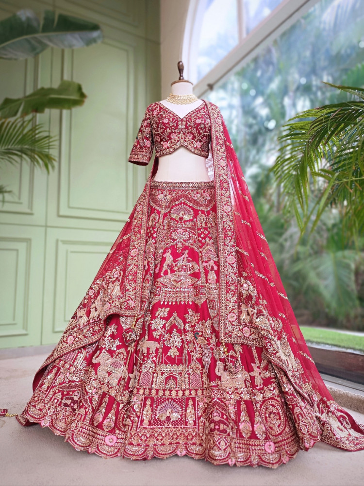 Image of Vaidehi Bridal Red Raw Silk Bridal Lehenga Set With Zardozi, Pitta &amp; Resham Work