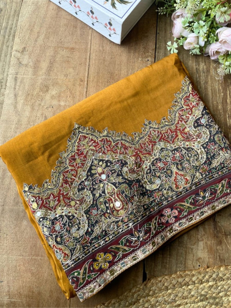 Dhara Mustard Georgette Silk Saree With Kalamkari & Cutdana Work
