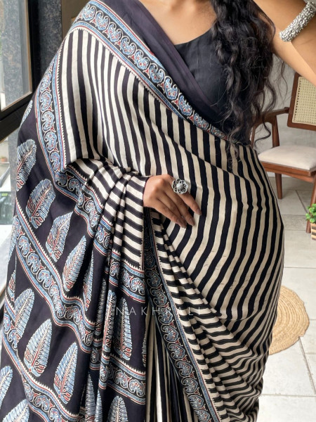 Kashti Black Modal Saree with Ajrak Border