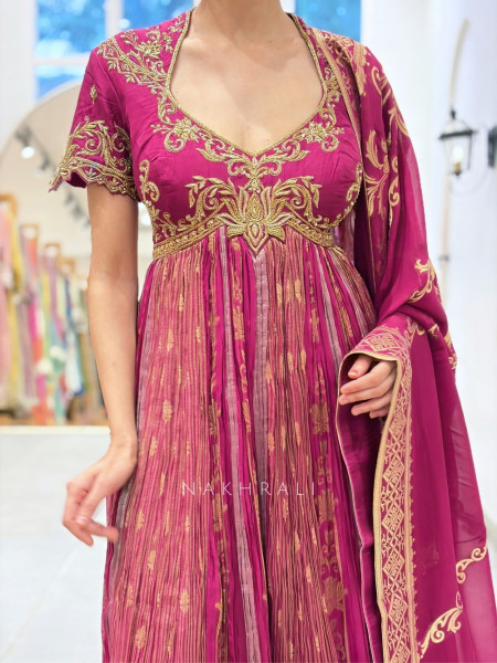 Kamalika Magenta Silk & Tissue Anarkali Suit Set with Gold Zari Lotus Embroidery