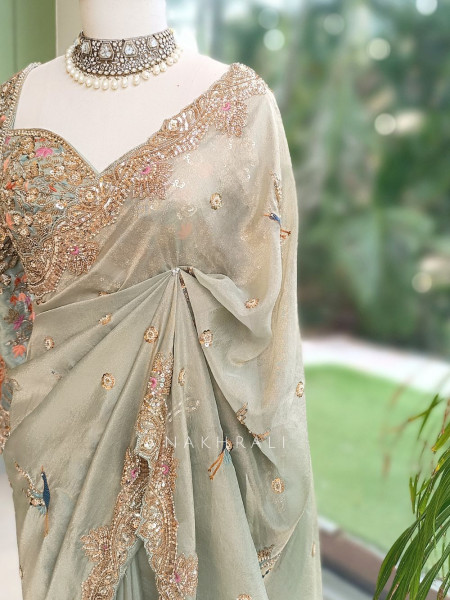 Avian Whimsy Sea Green Pure Organza Saree
