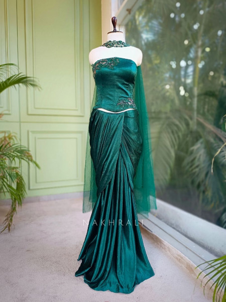 Zarina Green Satin Crop Top Skirt Set with Embroidered Detailing