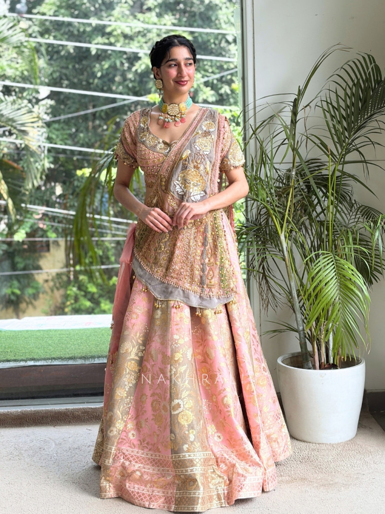 Image of Saras Blush Pink Banarasi Brocade Silk Lehenga Set