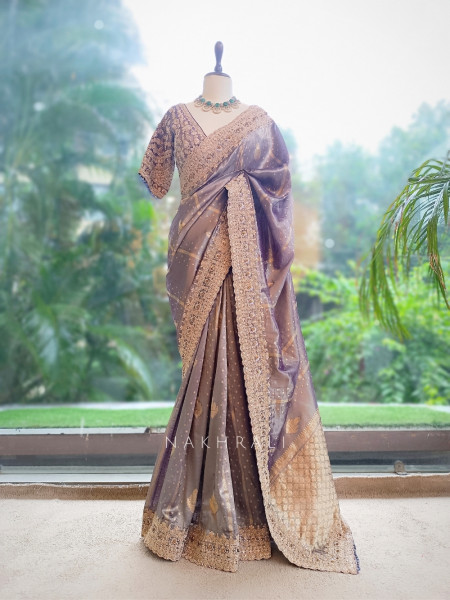 Vyanika Lavender Kota Tissue Silk Saree with Readymade Blouse