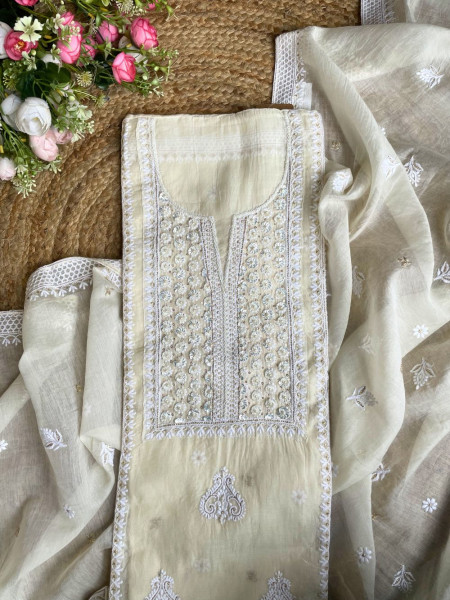 Rivah Cream Embroidered Dress Material
