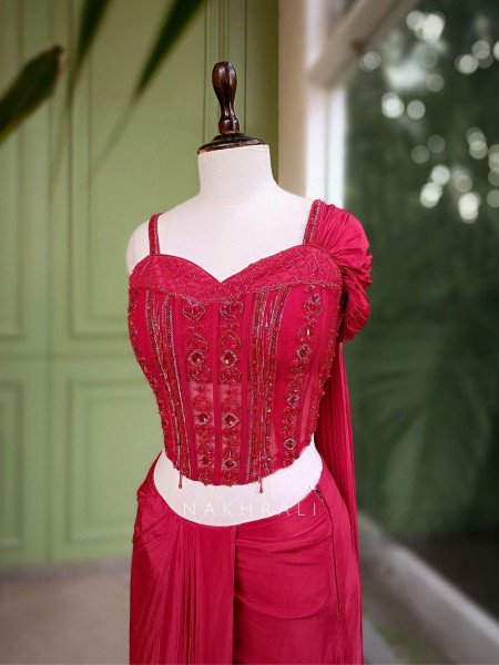 Tavisha Red Sequin & Cut Dana Crop Top Skirt Set
