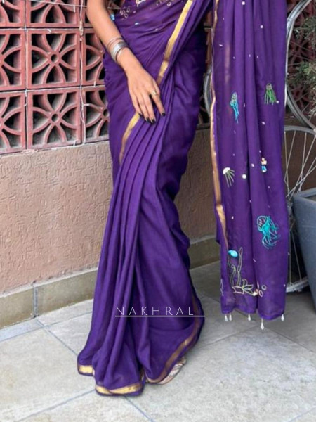 Ocean Muse Purple Mull Cotton Saree with Thread Embroidery