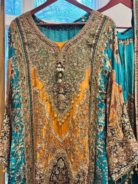 Zardozi Shell Rama Green Silk Satin Blend Sharara Suit Set