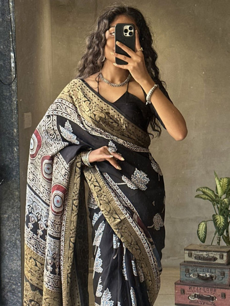Indra Black Modal Saree with Zari Weave Border