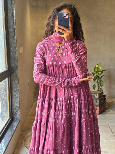 Mireya Wine Cotton Anarkali Suit Set with Printed Design