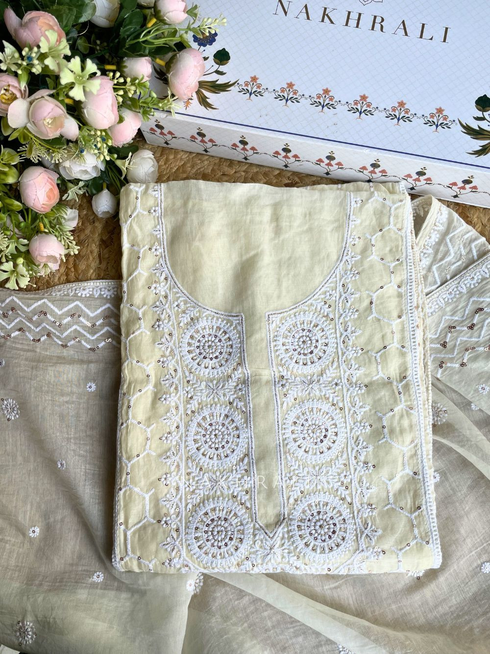 Ishira White Embroidered Cotton Dress Material Set Ishira White Embroidered Cotton Dress Material Set