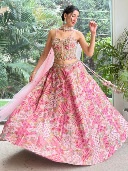Whimsical Candy-Pink Geometric Lehenga