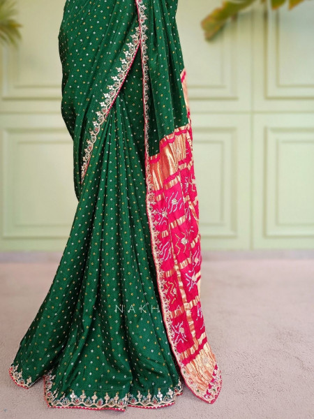 Verdant Red & Green Bandhej Saree Zari Border Work