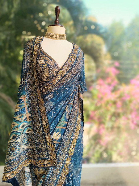 Ocean Spell Blue Saree with Heavy Embroidered Readymade Blouse