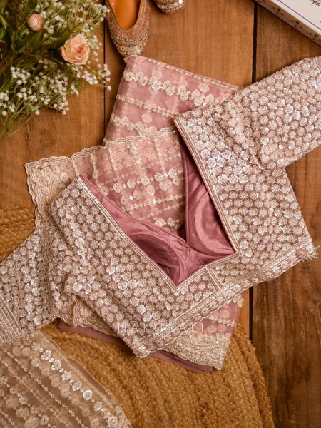 Dandelions Pink Net Saree with Pearl, Sequin & Bead Work