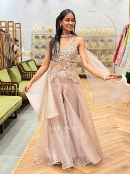 Kavira Peach Indo-Western Set with Sequin and Cut Dana Work