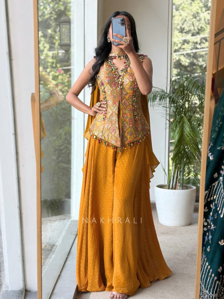 Jashn-e-Malhar Yellow Brocade Silk Indo-Western Palazzo Set