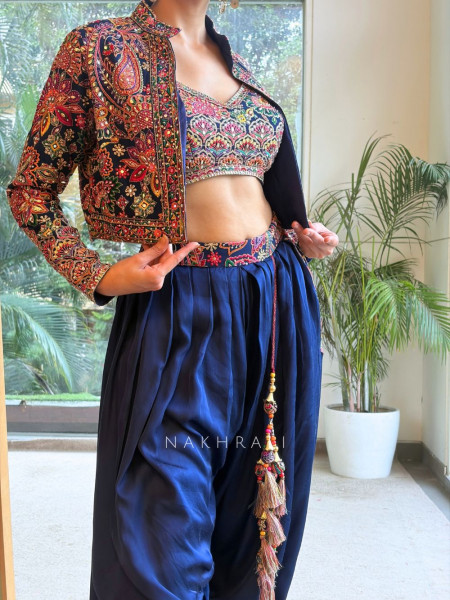 Srinagar Blue  Satin Crepe Indo-Western Jacket Dhoti Set