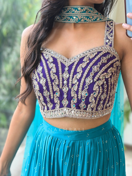 Baroque Ensemble Firozi Georgette & Velvet Bustier Palazzo Suit Set