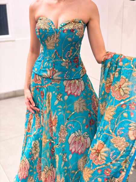 Nakkashi Blue Organza Silk Floral Printed Corset Lehenga Set with Zardozi & Mirror Work