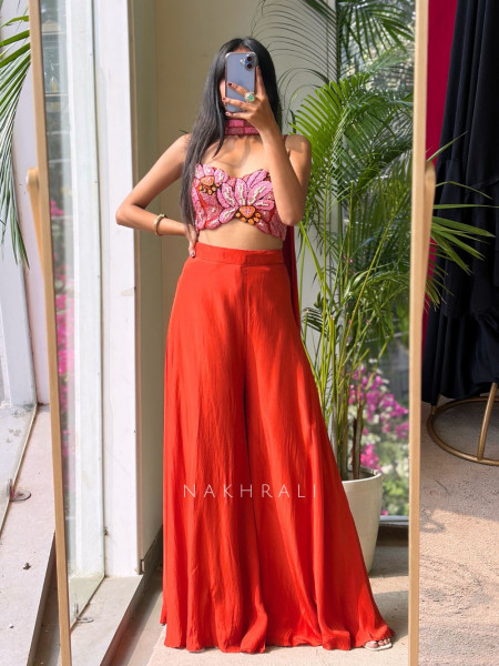 Beaded Bloom Orange Crop Top Palazzo Set with Choker Dupatta