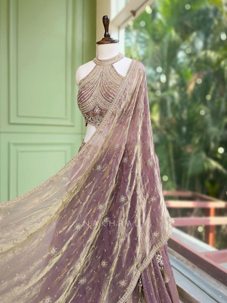 Zarish Brown Indo-Western Halter Lehenga Set with Mirror Work