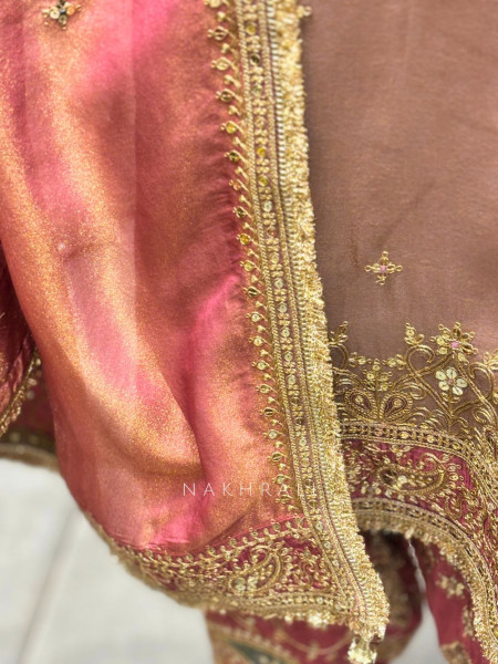 Zyris Pink Zari Tissue Suit Set with Sequin Workrk