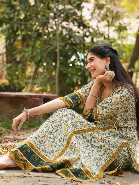 Mirza Cream Angrakha Cotton Kurta Pant Set