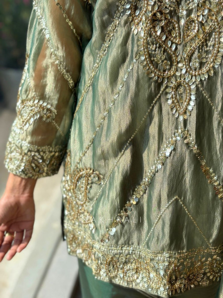 Briona Olive Tissue Kurta Set with Heavy Hand Embroidery