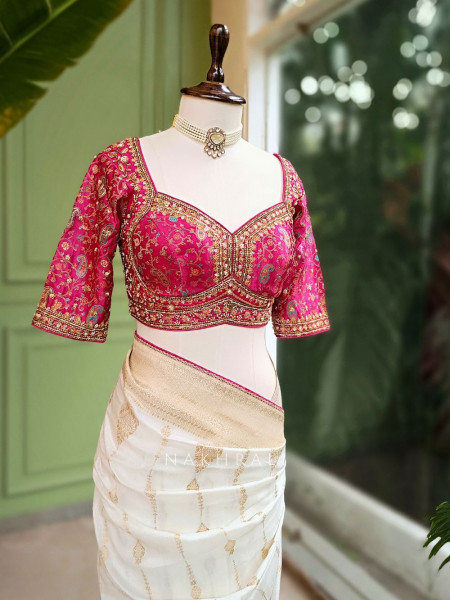 Mrignayani Cream Saree with Embroidered Blouse & Brocade Weave