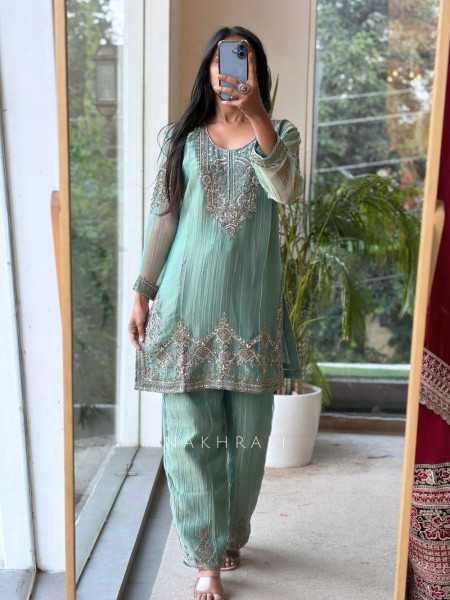 Mrinalini Sea Green Tissue Silk Suit Set
