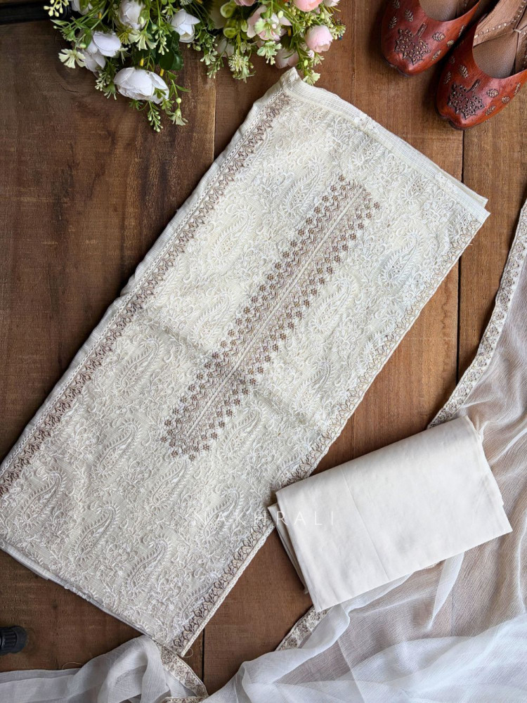 Image of Khumaira Cream Lucknowi Embroidered Dress Material