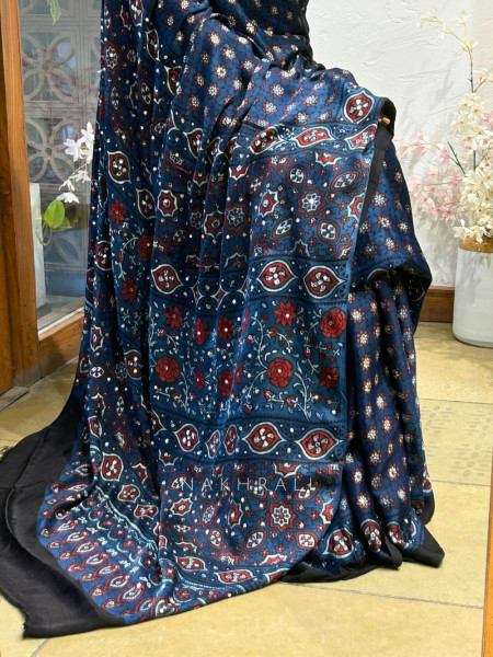 Nargis Blue Modal Silk Saree With Ajrakh Print
