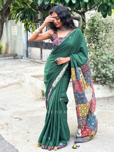 Sootra Green Cotton Saree with Patchwork Border