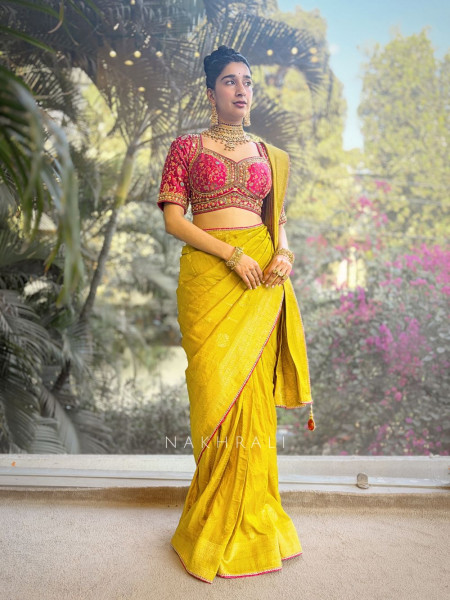 Mrignayani Lime Green Saree with Embroidered Blouse & Brocade Weave