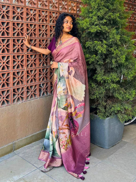 Zerina Wine Multicolor Printed Saree with Woven Border