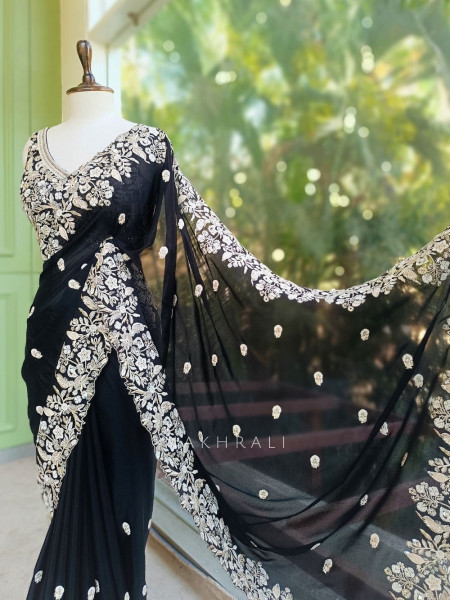 Rishka Black Saree with Embroidery and Sequin Work