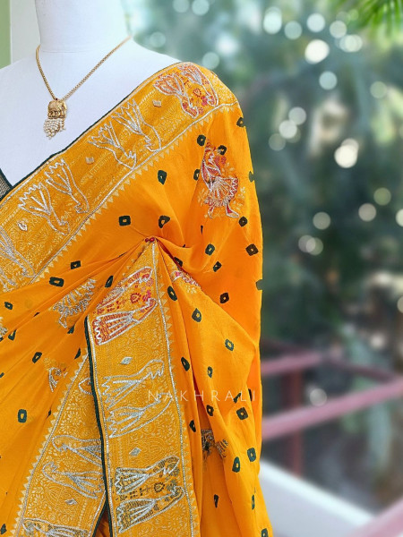 Kavira Mustard Bandhej Saree with Zari Weaved Border