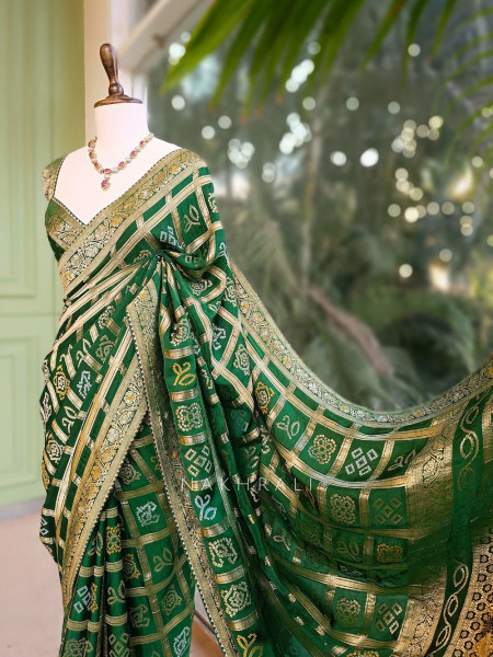 Rangriti Green Bandhani Saree with Gota Border