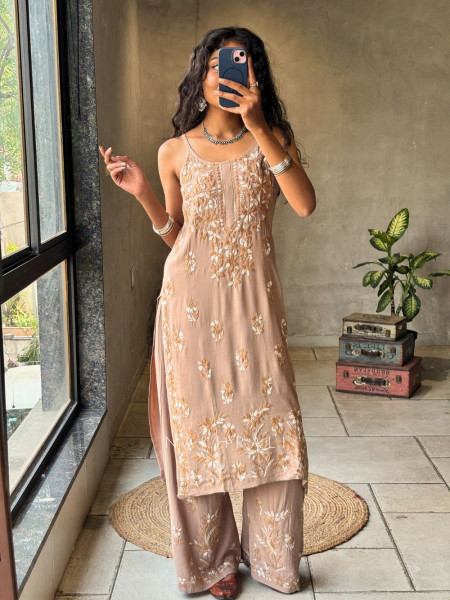 Solira Coral  Brown Rayon Kurta Pant Set with Chikankari Work