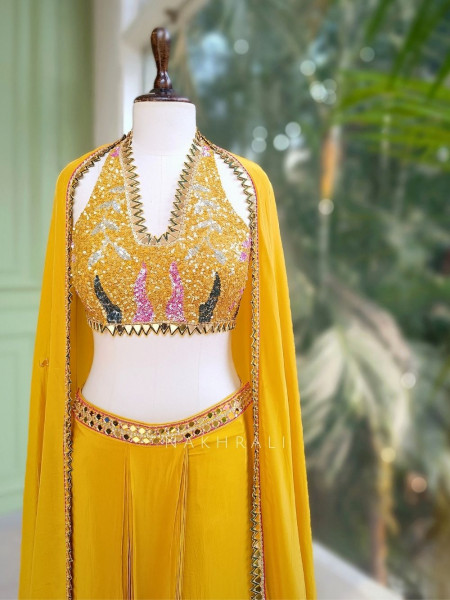 Willow Yellow Halter Indo-Western Set with Cape Shrug