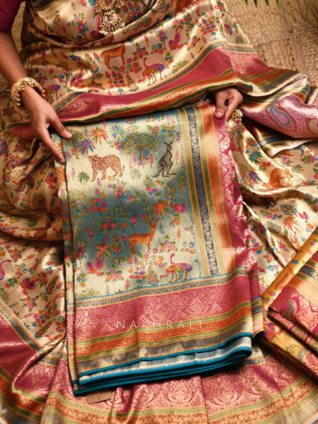Vantara Rama Zari Weave Saree with Animal Motifs
