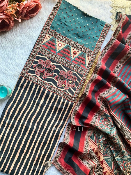 Reet Teal Blue Ajrakh Cotton Dress Material