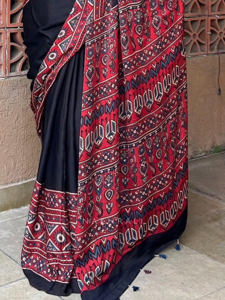 Kamali Red Modal Saree with Ajrak Border