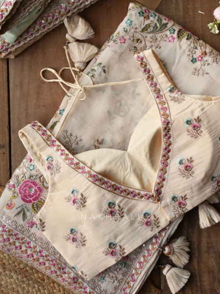 Whispers of Spring Cream Saree with Heavy Floral Thread Work and Readymade Blouse