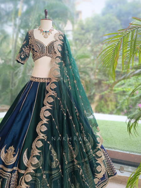 Nishika Navy Blue & Emerald Green Silk Satin Lehenga