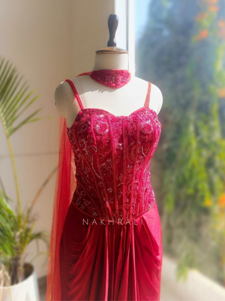 Zevika Red Corset Skirt Set with Sequin Work