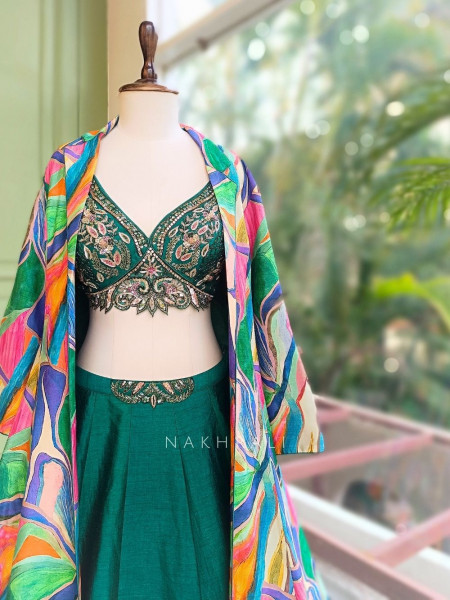 Canvas Green Lehenga Set with Abstract Print Jacket and Cut Dana Work