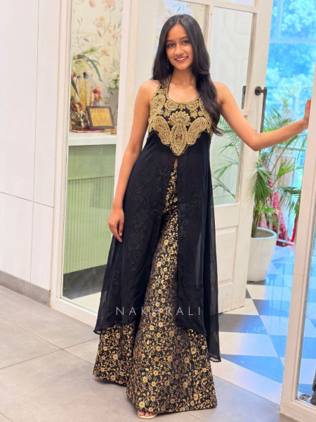 Sutra-Lekha Black Indo Western Palazzo Set With Embellished Yoke